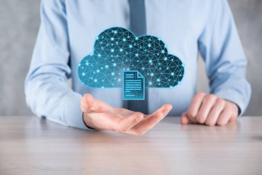 Bulut teknolojisi. Koyu mavi üzerinde belge ikonu olan çokgen kablo depolama işareti. Bulut hesaplama, büyük veri merkezi, gelecekteki altyapı, dijital ai konsepti. Sanal sunucu simgesi.