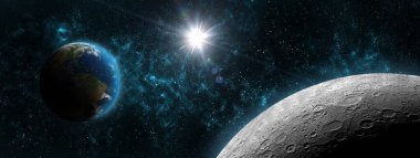 Dünya ve Ay 'ın parlayan kara uzayı, yıldız arkaplanı. Dünya' nın yörüngesinde dönen astronomik bir cisimdir. Bu görüntünün elementleri NASA3D illüstrasyon tarafından desteklenmektedir..
