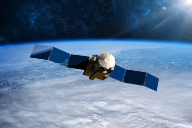 Kargo uzay aracı Dünya gezegeni. Karanlık arka plan. Bilim kurgu duvar kağıdı. Uzay İstasyonu Dünya 'nın yörüngesindeki uzay gemisi. Uzay sanat duvar kağıdı. Güneş Gözlemevi. Bu görüntünün unsurları NASA3D illüstrasyon tarafından desteklenmektedir..