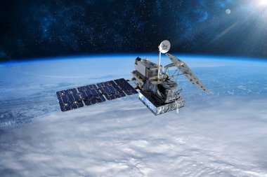 Kargo uzay aracı Dünya gezegeni. Karanlık arka plan. Bilim kurgu duvar kağıdı. Uzay İstasyonu Dünya 'nın yörüngesindeki uzay gemisi. Uzay sanat duvar kağıdı. Güneş Gözlemevi. Bu görüntünün unsurları NASA3D illüstrasyon tarafından desteklenmektedir..