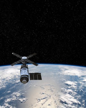 Kargo uzay aracı Dünya gezegeni. Karanlık arka plan. Bilim kurgu duvar kağıdı. Uzay İstasyonu Dünya 'nın yörüngesindeki uzay gemisi. Uzay sanat duvar kağıdı. Güneş Gözlemevi. Bu görüntünün unsurları NASA3D illüstrasyon tarafından desteklenmektedir..