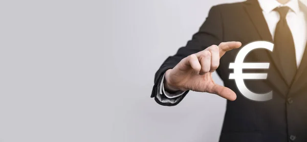 Businessman Holds Money Coin Icons Eur Euro Dark Tone Background — Stock Photo, Image