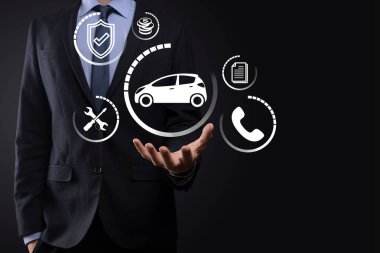 Digital composite of Man holding car icon.Car automobile insurance and car services concept. Businessman with offering gesture and icon of car. clipart