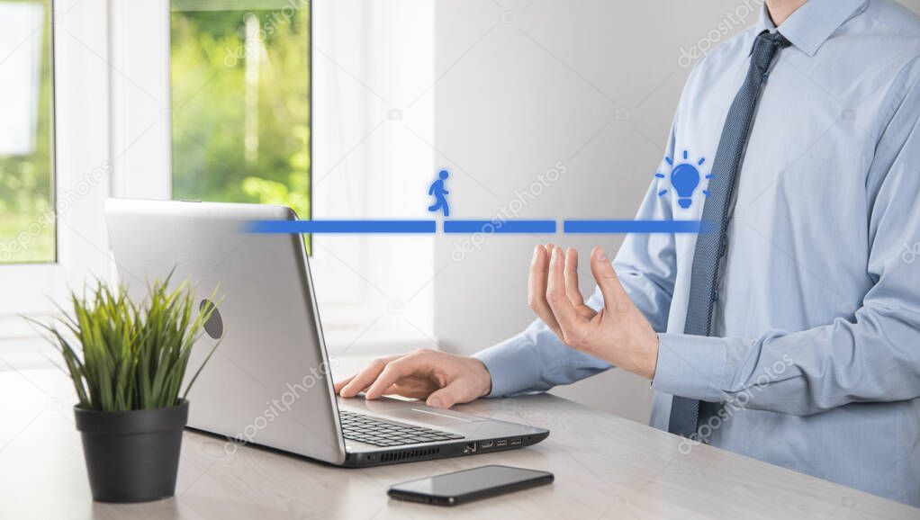 Male business man hand hold a connecting block between two sets of bridge road for a silhouetted man to walk idea icon
