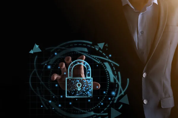 サイバーセキュリティネットワーク 南京錠のアイコンとインターネット技術ネットワーキング ビジネスマンは個人情報 仮想インターフェイスを保護します データ保護プライバシーコンセプト Gdpr デジタル犯罪 — ストック写真