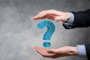 Soru işareti. Noktalı ve yıldızlı karanlık arka planda 3D özet. Sembol sor. Yardım desteği, faq problem sembolü, eğitim kavramını düşünün, kafa karışıklığı örnekleme veya özgeçmiş. İş adamı.