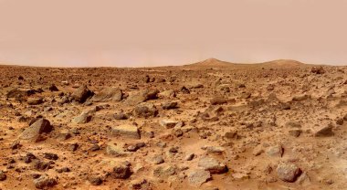 Mars 'taki manzara, kızıl gezegendeki manzaralı çöl ve kaya. Güneş ufuktan doğar. Güneş doğar. NASA tarafından desteklenen bu görüntünün elementleri.