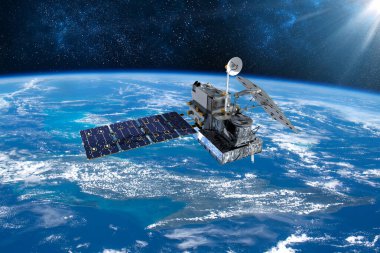 Kargo uzay aracı Dünya gezegeni. Karanlık arka plan. Bilim kurgu duvar kağıdı. Uzay İstasyonu Dünya 'nın yörüngesindeki uzay gemisi. Uzay sanat duvar kağıdı. Güneş Gözlemevi. Bu görüntünün unsurları NASA3D illüstrasyon tarafından desteklenmektedir..