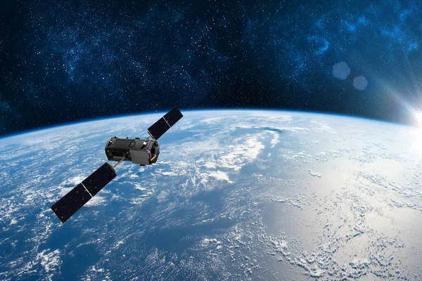 Kargo uzay aracı Dünya gezegeni. Karanlık arka plan. Bilim kurgu duvar kağıdı. Uzay İstasyonu Dünya 'nın yörüngesindeki uzay gemisi. Uzay sanat duvar kağıdı. Güneş Gözlemevi. Bu görüntünün unsurları NASA3D illüstrasyon tarafından desteklenmektedir..