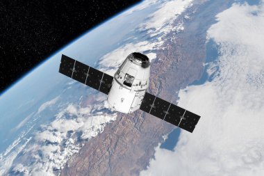 Kargo uzay aracı Dünya gezegeni. Karanlık arka plan. Bilim kurgu duvar kağıdı. Uzay İstasyonu Dünya 'nın yörüngesindeki uzay gemisi. Uzay sanat duvar kağıdı. Güneş Gözlemevi. Bu görüntünün unsurları NASA3D illüstrasyon tarafından desteklenmektedir..