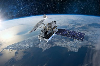 Kargo uzay aracı Dünya gezegeni. Karanlık arka plan. Bilim kurgu duvar kağıdı. Uzay İstasyonu Dünya 'nın yörüngesindeki uzay gemisi. Uzay sanat duvar kağıdı. Güneş Gözlemevi. Bu görüntünün unsurları NASA3D illüstrasyon tarafından desteklenmektedir..