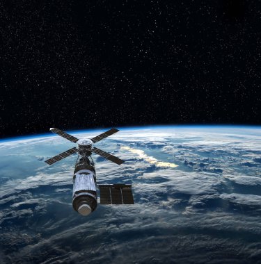 Kargo uzay aracı Dünya gezegeni. Karanlık arka plan. Bilim kurgu duvar kağıdı. Uzay İstasyonu Dünya 'nın yörüngesindeki uzay gemisi. Uzay sanat duvar kağıdı. Güneş Gözlemevi. Bu görüntünün unsurları NASA3D illüstrasyon tarafından desteklenmektedir..