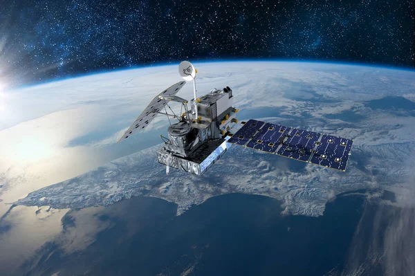 Kargo uzay aracı Dünya gezegeni. Karanlık arka plan. Bilim kurgu duvar kağıdı. Uzay İstasyonu Dünya 'nın yörüngesindeki uzay gemisi. Uzay sanat duvar kağıdı. Güneş Gözlemevi. Bu görüntünün unsurları NASA3D illüstrasyon tarafından desteklenmektedir..