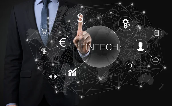 Geschäftsmann Halten Fintech Finanztechnologie Konzept Business Investment Banking Zahlung Kryptowährungen — Stockfoto