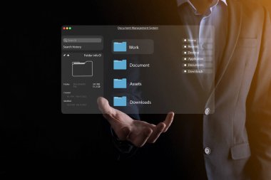 Belge yönetimi konsepti. Sanal ekran simgeleri Belge Yönetim Sistemi DMS Çevrimiçi belge veritabanı, şirket dosyaları ve verilerinin verimli arşivlenmesi, aranması ve yönetimi için yazılım