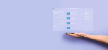 Belge yönetimi konsepti. Sanal ekran simgeleri Belge Yönetim Sistemi DMS Çevrimiçi belge veritabanı, şirket dosyaları ve verilerinin verimli arşivlenmesi, aranması ve yönetimi için yazılım