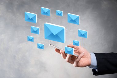 E-posta pazarlama ve bülten konsepti. Haber bülteni e-postası ile bizimle irtibata geçin ve kişisel bilgilerinizi posta konseptinden koruyun. İş dünyasındaki doğrudan satışların şeması. E- posta için istemci listesi