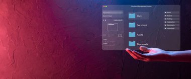 Belge yönetimi konsepti. Sanal ekran simgeleri Belge Yönetim Sistemi DMS Çevrimiçi belge veritabanı, şirket dosyaları ve verilerinin verimli arşivlenmesi, aranması ve yönetimi için yazılım