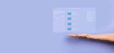 Belge yönetimi konsepti. Sanal ekran simgeleri Belge Yönetim Sistemi DMS Çevrimiçi belge veritabanı, şirket dosyaları ve verilerinin verimli arşivlenmesi, aranması ve yönetimi için yazılım