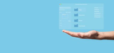 Belge yönetimi konsepti. Sanal ekran simgeleri Belge Yönetim Sistemi DMS Çevrimiçi belge veritabanı, şirket dosyaları ve verilerinin verimli arşivlenmesi, aranması ve yönetimi için yazılım