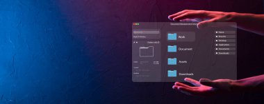 Belge yönetimi konsepti. Sanal ekran simgeleri Belge Yönetim Sistemi DMS Çevrimiçi belge veritabanı, şirket dosyaları ve verilerinin verimli arşivlenmesi, aranması ve yönetimi için yazılım