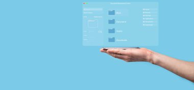 Belge yönetimi konsepti. Sanal ekran simgeleri Belge Yönetim Sistemi DMS Çevrimiçi belge veritabanı, şirket dosyaları ve verilerinin verimli arşivlenmesi, aranması ve yönetimi için yazılım