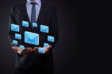 E-posta pazarlama ve bülten konsepti. Haber bülteni e-postası ile bizimle irtibata geçin ve kişisel bilgilerinizi posta konseptinden koruyun. İş dünyasındaki doğrudan satışların şeması. E- posta için istemci listesi