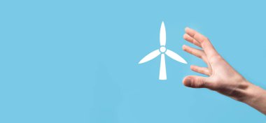 Mavi arka planda çevresel enerji üreten bir yel değirmeni ikonu.