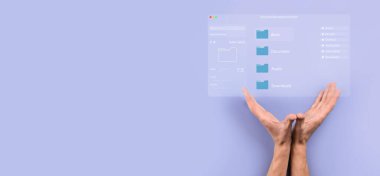Belge yönetimi konsepti. Sanal ekran simgeleri Belge Yönetim Sistemi DMS Çevrimiçi belge veritabanı, şirket dosyaları ve verilerinin verimli arşivlenmesi, aranması ve yönetimi için yazılım