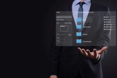 Belge yönetimi konsepti. Sanal ekran simgeleri Belge Yönetim Sistemi DMS Çevrimiçi belge veritabanı, şirket dosyaları ve verilerinin verimli arşivlenmesi, aranması ve yönetimi için yazılım