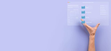 Belge yönetimi konsepti. Sanal ekran simgeleri Belge Yönetim Sistemi DMS Çevrimiçi belge veritabanı, şirket dosyaları ve verilerinin verimli arşivlenmesi, aranması ve yönetimi için yazılım