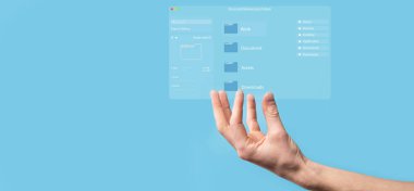 Belge yönetimi konsepti. Sanal ekran simgeleri Belge Yönetim Sistemi DMS Çevrimiçi belge veritabanı, şirket dosyaları ve verilerinin verimli arşivlenmesi, aranması ve yönetimi için yazılım