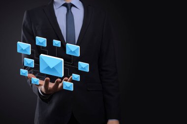 E-posta pazarlama ve bülten konsepti. Haber bülteni e-postası ile bizimle irtibata geçin ve kişisel bilgilerinizi posta konseptinden koruyun. İş dünyasındaki doğrudan satışların şeması. E- posta için istemci listesi