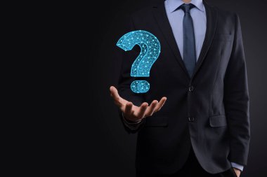Soru işareti. Noktalı ve yıldızlı karanlık arka planda 3D özet. Sembol sor. Yardım desteği, faq problem sembolü, eğitim kavramını düşünün, kafa karışıklığı örnekleme veya özgeçmiş. İş adamı.