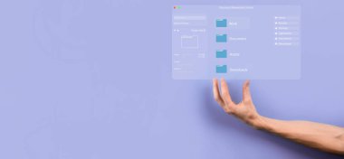 Belge yönetimi konsepti. Sanal ekran simgeleri Belge Yönetim Sistemi DMS Çevrimiçi belge veritabanı, şirket dosyaları ve verilerinin verimli arşivlenmesi, aranması ve yönetimi için yazılım