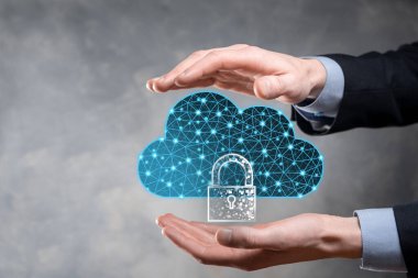 Bulut teknolojisi. Koyu mavi üzerinde asma kilit olan çokgen kablo depolama işareti. Bulut hesaplama, büyük veri merkezi, gelecekteki altyapı, dijital ai konsepti. Sanal sunucu simgesi.