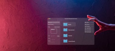 Belge yönetimi konsepti. Sanal ekran simgeleri Belge Yönetim Sistemi DMS Çevrimiçi belge veritabanı, şirket dosyaları ve verilerinin verimli arşivlenmesi, aranması ve yönetimi için yazılım