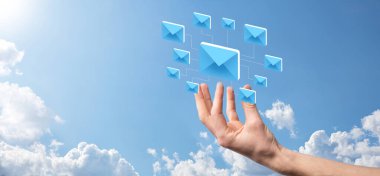 E-posta pazarlama ve bülten konsepti. Haber bülteni e-postası ile bizimle irtibata geçin ve kişisel bilgilerinizi posta konseptinden koruyun. İş dünyasındaki doğrudan satışların şeması. E- posta için istemci listesi