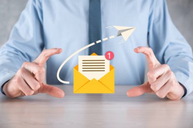 E- posta ve kullanıcı simgesi, imza, sembol pazarlama ya da bülten konsepti, diyagram. E- posta gönderme. Posta ve SMS pazarlama kavramı. İş dünyasında doğrudan satış şeması. E- posta için istemci listesi