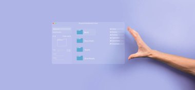 Belge yönetimi konsepti. Sanal ekran simgeleri Belge Yönetim Sistemi DMS Çevrimiçi belge veritabanı, şirket dosyaları ve verilerinin verimli arşivlenmesi, aranması ve yönetimi için yazılım