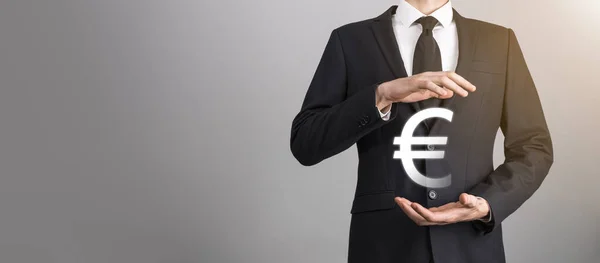 Affärsman Innehar Pengar Mynt Ikoner Eur Eller Euro Mörk Ton — Stockfoto