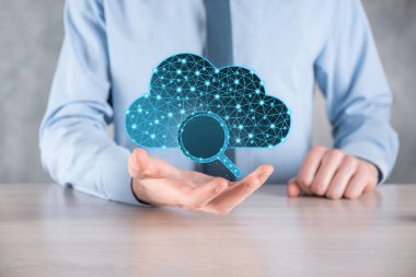 Bulut teknolojisi. Koyu mavi üzerinde arama büyüteç simgesi olan çokgen kablo depolama işareti. Bulut hesaplama, büyük veri merkezi, gelecekteki altyapı, dijital ai konsepti. Sanal sunucu simgesi.