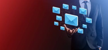 E-posta pazarlama ve bülten konsepti. Haber bülteni e-postası ile bizimle irtibata geçin ve kişisel bilgilerinizi posta konseptinden koruyun. İş dünyasındaki doğrudan satışların şeması. E- posta için istemci listesi