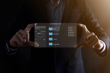 Belge yönetimi konsepti. Sanal ekran simgeleri Belge Yönetim Sistemi DMS Çevrimiçi belge veritabanı, şirket dosyaları ve verilerinin verimli arşivlenmesi, aranması ve yönetimi için yazılım