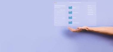 Belge yönetimi konsepti. Sanal ekran simgeleri Belge Yönetim Sistemi DMS Çevrimiçi belge veritabanı, şirket dosyaları ve verilerinin verimli arşivlenmesi, aranması ve yönetimi için yazılım