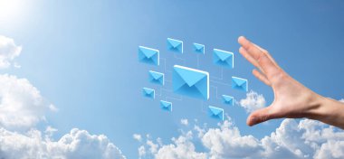 E-posta pazarlama ve bülten konsepti. Haber bülteni e-postası ile bizimle irtibata geçin ve kişisel bilgilerinizi posta konseptinden koruyun. İş dünyasındaki doğrudan satışların şeması. E- posta için istemci listesi