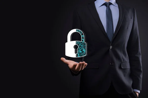 Кібербезпека Мережі Ікона Блокування Інтернет Мережа Технологій Бізнесмен Захищає Персональну Ліцензійні Стокові Зображення