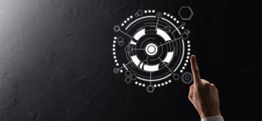 Eldeki işadamı bankacılık işletme finans şeması ve borsa yatırım noktası, ekonomik büyüme ve yatırımcı konseptine yatırım yapıyor. Sanal borsa analizi, teknoloji kullanarak analiz ediliyor.