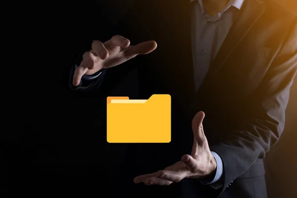 Businessman Hold Folder Icon Document Management System Lub Konfiguracja Dms — Zdjęcie stockowe