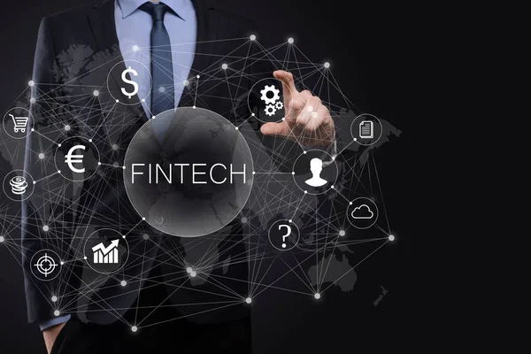 Biznesmen Trzymać Fintech Koncepcja Technologii Finansowych Bankowość Inwestycyjna Biznesu Płatności — Zdjęcie stockowe